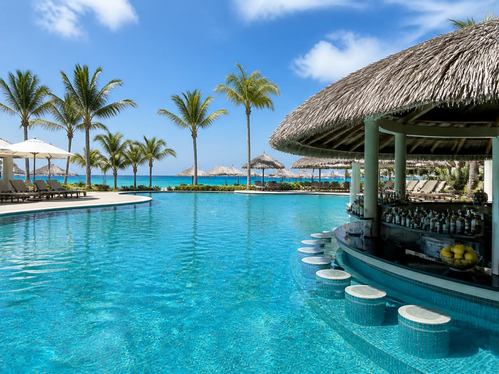 All-inclusive Caribbean resort pool with a thatched swim-up bar and palm trees under a bright blue sky