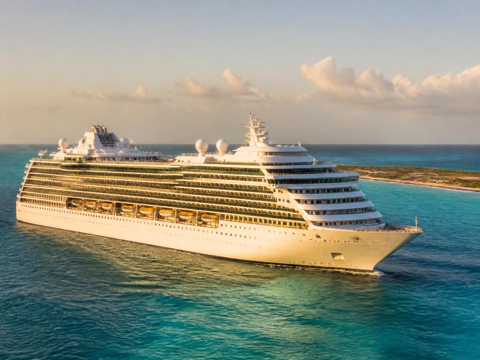 Large unbranded cruise ship on turquoise Caribbean water in golden late afternoon light