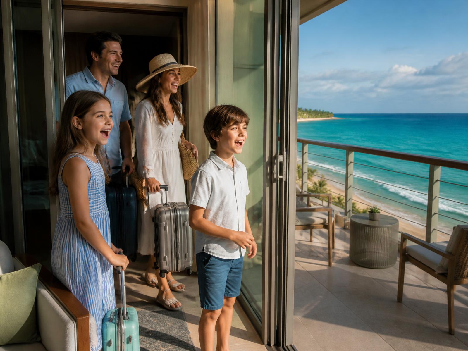 Family stepping onto their oceanfront resort balcony for the first time